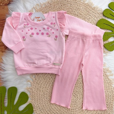 Conj. Casaco Floral de Moletom com Babadinhos e Calça Ribana Flare - Rosa